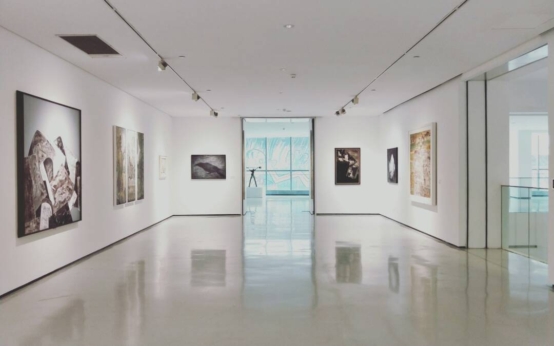 Peintures exposées sur un mur blanc